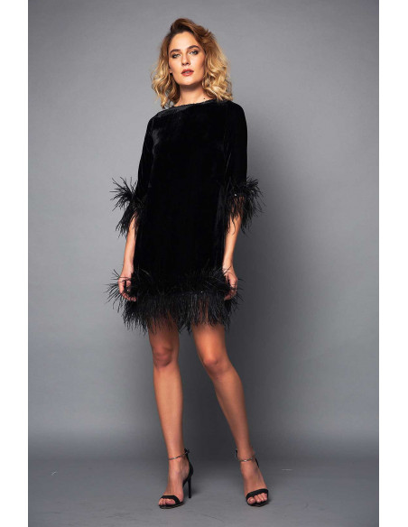 MINI VELVET DRESS -  WITH BLACK FEATHERS MINI VELVET DRESS -  WITH BLACK FEATHERS