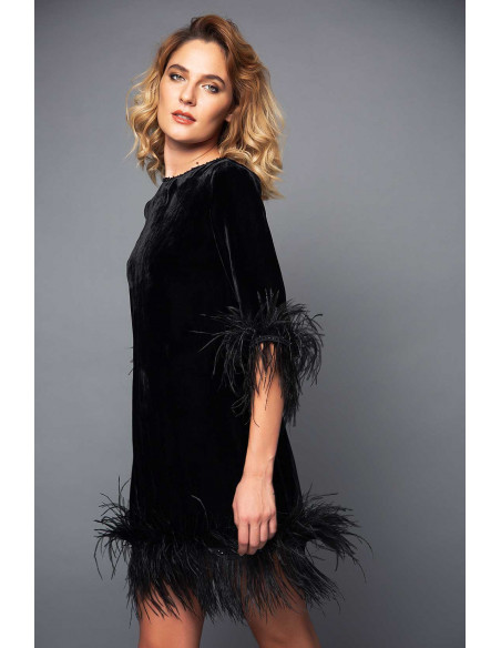 MINI VELVET DRESS -  WITH BLACK FEATHERS MINI VELVET DRESS -  WITH BLACK FEATHERS