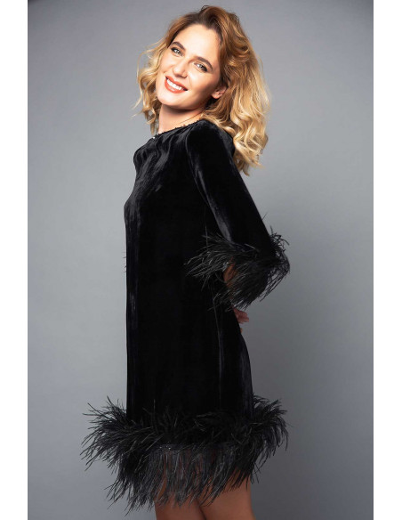 MINI VELVET DRESS -  WITH BLACK FEATHERS MINI VELVET DRESS -  WITH BLACK FEATHERS