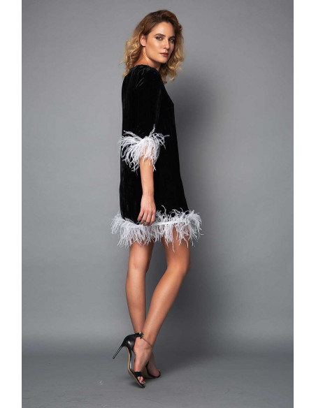 MINI VELVET DRESS -  WITH WHITE FEATHERS MINI VELVET DRESS -  WITH WHITE FEATHERS