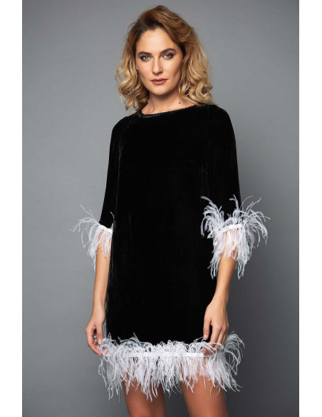 MINI VELVET DRESS -  WITH WHITE FEATHERS MINI VELVET DRESS -  WITH WHITE FEATHERS