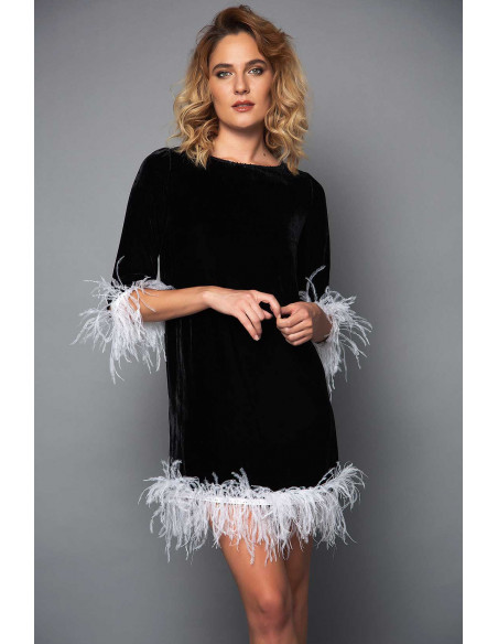 MINI VELVET DRESS -  WITH WHITE FEATHERS MINI VELVET DRESS -  WITH WHITE FEATHERS