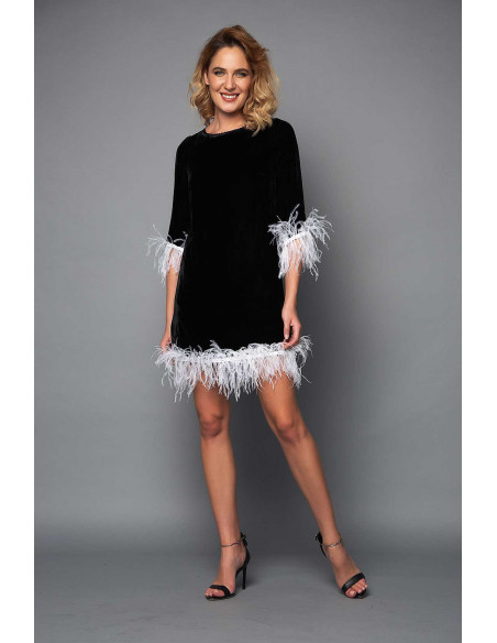 MINI VELVET DRESS -  WITH WHITE FEATHERS MINI VELVET DRESS -  WITH WHITE FEATHERS